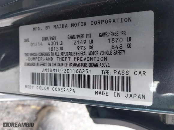 2014 Mazda Mazda3 i Sport with VIN JM1BM1U72E1168251, listed as a IAAI auction lot 41128215 with 155,283 mi miles. Bid and sale history available at carsss.com. Image 9.