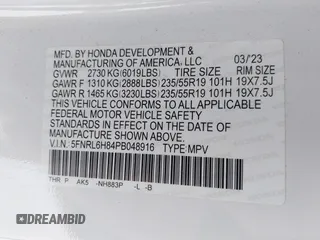 2023 Honda Odyssey Touring with VIN 5FNRL6H84PB048916, listed as a IAAI auction lot 41325052 with 50,290 mi miles and . Bid and sale history available at DreamBid. Image 9.