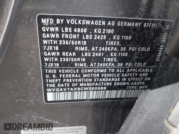 2012 Volkswagen Tiguan SE z VIN WVGAV7AX9CW000568, wystawiony jako IAAI lot #42322456 z przebiegiem 175 453 mil mil oraz . Historia ofert i sprzedaży dostępna na DreamBid. Obrazek 9.