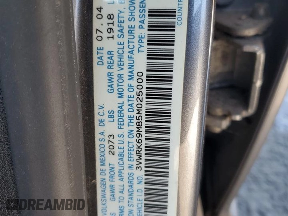 2005 Volkswagen Jetta GL with VIN 3VWRK69M85M025000, listed as a Copart auction lot 88311535 with 123,144 mi miles and Salvage title. Bid and sale history available at DreamBid. Image 12.