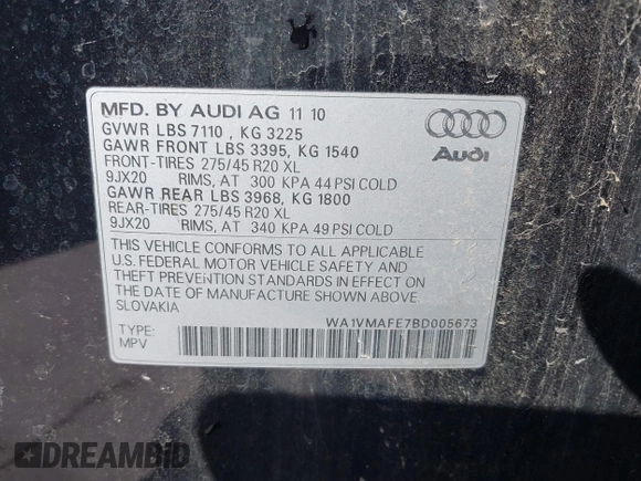 2011 Audi Q7 Prestige z VIN WA1VMAFE7BD005673, wystawiony jako IAAI lot #42223892 z przebiegiem 248 314 mil mil oraz . Historia ofert i sprzedaży dostępna na DreamBid. Obrazek 9.