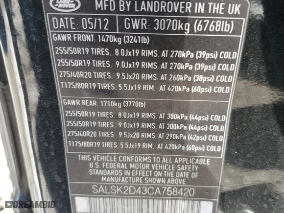2012 Land Rover Range Rover Sport HSE LUX with VIN SALSK2D43CA758420, listed as a Copart auction lot 50588045 with 0 mi miles and Non Repairable. Bid and sale history available at carsss.com. Image 13.