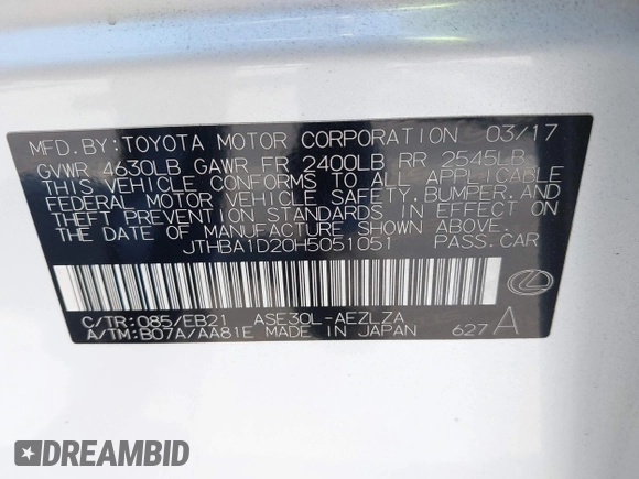 2017 Lexus IS 200t with VIN JTHBA1D20H5051051, listed as a IAAI auction lot 42142240 with 92,002 mi miles and . Bid and sale history available at DreamBid. Image 9.