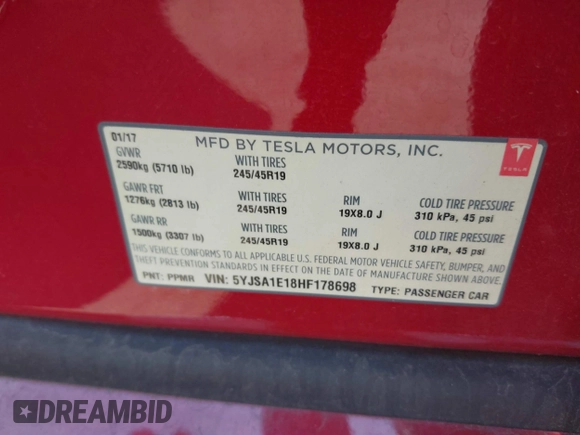 2017 Tesla Model S 60 z VIN 5YJSA1E18HF178698, wystawiony jako IAAI lot #42627397 z przebiegiem 87 301 mil mil oraz . Historia ofert i sprzedaży dostępna na DreamBid. Obrazek 9.