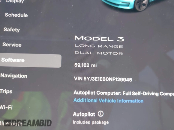 2022 Tesla Model 3 Long Range with VIN 5YJ3E1EB0NF129945, listed as a IAAI auction lot 41965531 with 59,162 mi miles and . Bid and sale history available at DreamBid. Image 15.