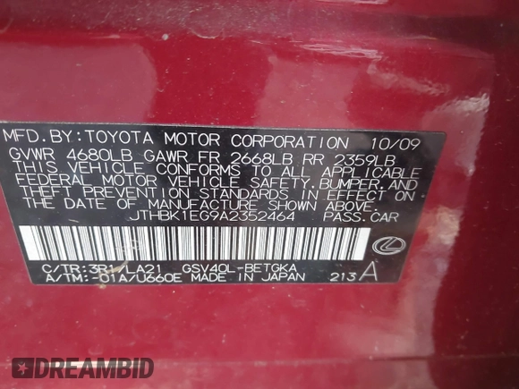 2010 Lexus ES 330 z VIN JTHBK1EG9A2352464, wystawiony jako IAAI lot #42379662 z przebiegiem 312 866 mil mil oraz . Historia ofert i sprzedaży dostępna na DreamBid. Obrazek 9.