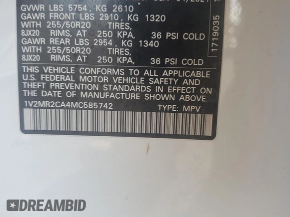 2021 Volkswagen Atlas SE with VIN 1V2MR2CA4MC585742, listed as a Copart auction lot 62234165 with 65,608 mi miles and Non repairable. Bid and sale history available at DreamBid. Image 13.