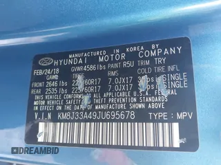 2018 Hyundai Tucson SEL with VIN KM8J33A49JU695678, listed as a IAAI auction lot 41680906 with 102,965 mi miles. Bid and sale history available at carsss.com. Image 9.