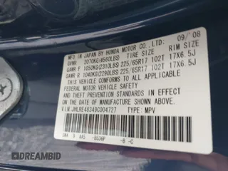 2009 Honda CR-V LX with VIN JHLRE48349C004727, listed as a IAAI auction lot 42087641 with 269,090 mi miles. Bid and sale history available at carsss.com. Image 9.