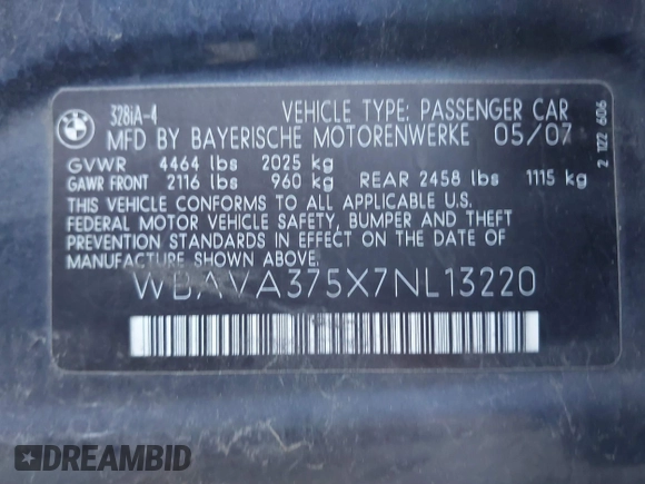 2007 BMW 3 Series 328i with VIN WBAVA375X7NL13220, listed as a IAAI auction lot 41645918 with 192,439 mi miles and . Bid and sale history available at DreamBid. Image 9.