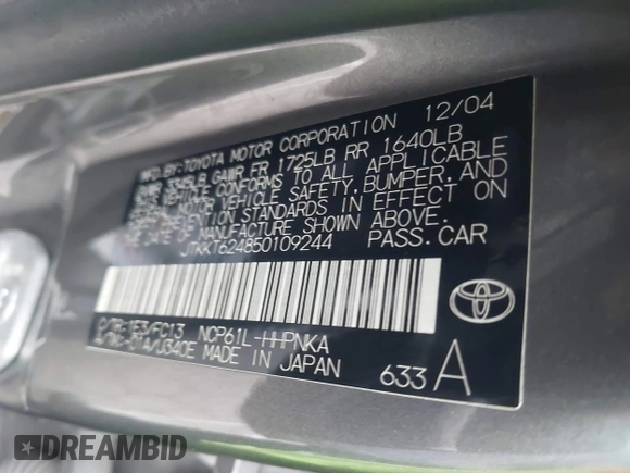 2005 Scion xA z VIN JTKKT624850109244, wystawiony jako IAAI lot #42171971 z przebiegiem 167 588 mil mil oraz . Historia ofert i sprzedaży dostępna na DreamBid. Obrazek 9.