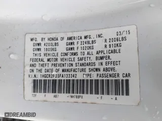 2015 Honda Accord Sedan LX with VIN 1HGCR2F35FA133342, listed as a IAAI auction lot 41731660 with 169,924 mi miles. Bid and sale history available at carsss.com. Image 9.