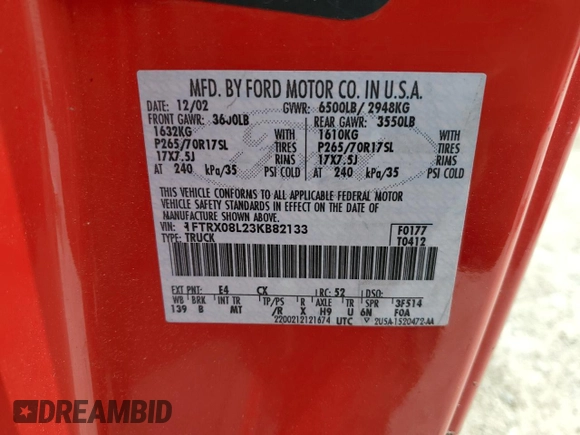 2003 Ford F-150 XL с VIN 1FTRX08L23KB82133, выставлен на аукционе Copart как лот 59892405 с пробегом Не указан миль и Списание • Salvage title. История ставок и продаж доступна на DreamBid. Изображение 12.