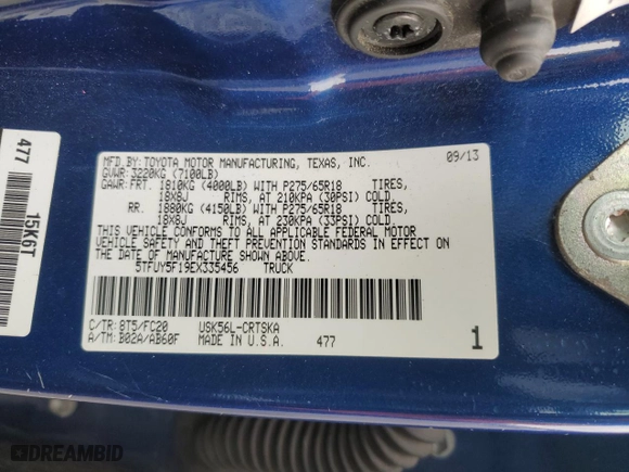 2014 Toyota Tundra 4WD Truck SR with VIN 5TFUY5F19EX335456, listed as a Copart auction lot 51412805 with 0 mi miles and Salvage Title. Bid and sale history available at carsss.com. Image 14.