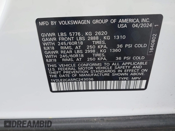 2024 Volkswagen Atlas SE with VIN 1V2LE2CA5RC243036, listed as a IAAI auction lot 41860475 with 7,766 mi miles and . Bid and sale history available at DreamBid. Image 9.