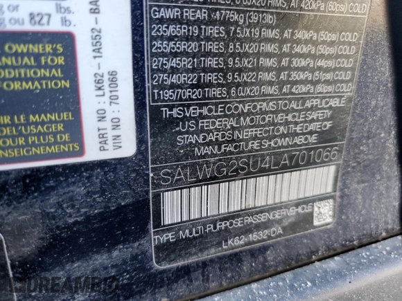 2020 Land Rover Range Rover Sport SE with VIN SALWG2SU4LA701066, listed as a Copart auction lot 47597345 with 97,553 mi miles and Salvage title. Bid and sale history available at DreamBid. Image 12.
