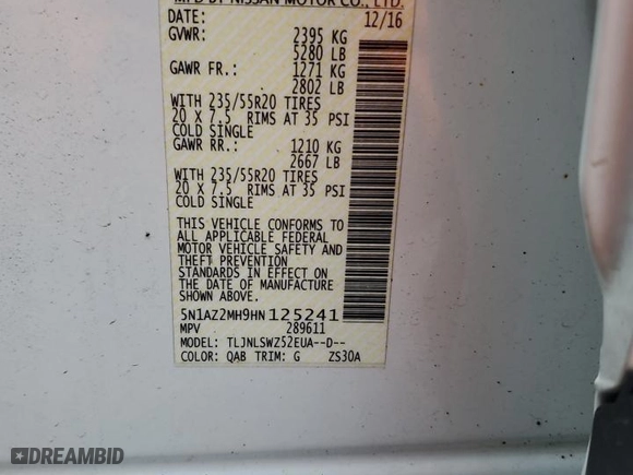 2017 Nissan Murano SL with VIN 5N1AZ2MH9HN125241, listed as a Copart auction lot 80616064 with 106,232 mi miles and Salvage Title. Bid and sale history available at carsss.com. Image 12.