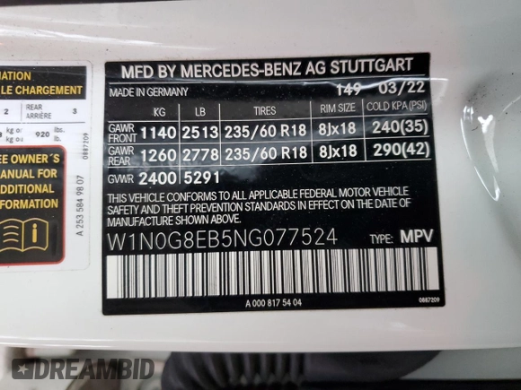 2022 Mercedes-Benz GLC 300 with VIN W1N0G8EB5NG077524, listed as a Copart auction lot 88498905 with 18,099 mi miles and Salvage title. Bid and sale history available at DreamBid. Image 14.