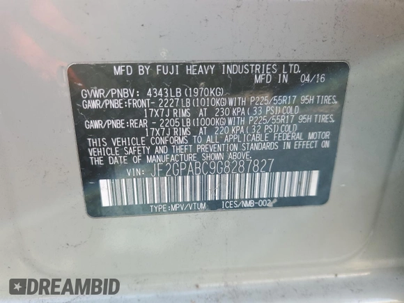 2016 Subaru Crosstrek Premium with VIN JF2GPABC9G8287827, listed as a Copart auction lot 52478235 with Not provided miles and Salvage title. Bid and sale history available at DreamBid. Image 12.