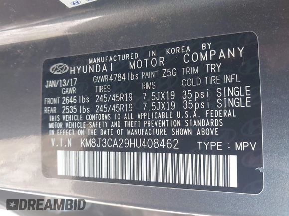 2017 Hyundai Tucson Limited z VIN KM8J3CA29HU408462, wystawiony jako IAAI lot #41674082 z przebiegiem 92 682 mil mil oraz . Historia ofert i sprzedaży dostępna na DreamBid. Obrazek 9.