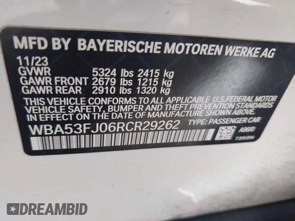 2024 BMW 5 Series 530i xDrive with VIN WBA53FJ06RCR29262, listed as a IAAI auction lot 42157428 with 27,918 mi miles and . Bid and sale history available at DreamBid. Image 9.