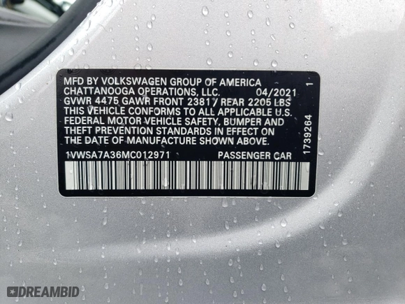 2021 Volkswagen Passat 2.0T SE with VIN 1VWSA7A36MC012971, listed as a Copart auction lot 51567715 with 59,767 mi miles and Salvage Title. Bid and sale history available at carsss.com. Image 12.