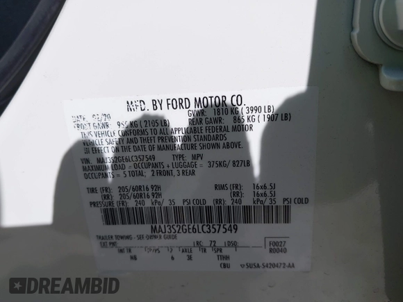 2020 Ford EcoSport SE with VIN MAJ3S2GE6LC357549, listed as a IAAI auction lot 42085739 with 78,161 mi miles and . Bid and sale history available at DreamBid. Image 9.