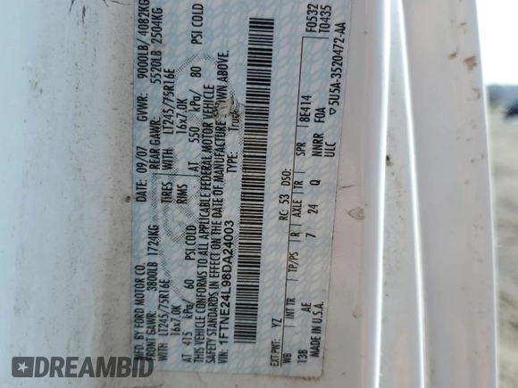 2008 Ford Econoline Cargo Commercial with VIN 1FTNE24L98DA24003, listed as a Copart auction lot 40831554 with 343,473 mi miles and Clean Title. Bid and sale history available at DreamBid. Image 13.