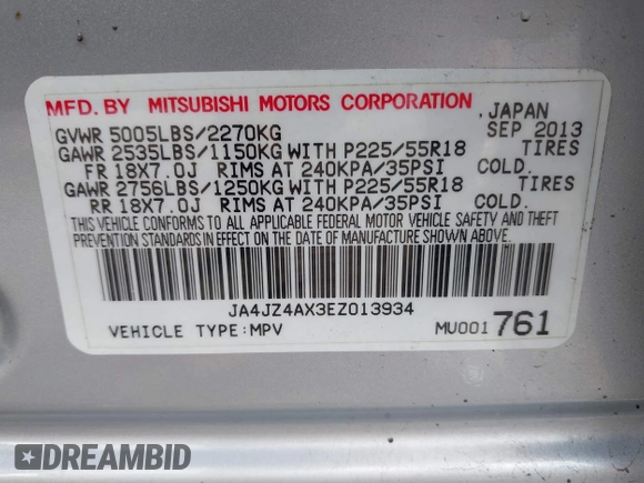 2014 Mitsubishi Outlander GT with VIN JA4JZ4AX3EZ013934, listed as a IAAI auction lot 42382774 with 66,829 mi miles and . Bid and sale history available at DreamBid. Image 9.