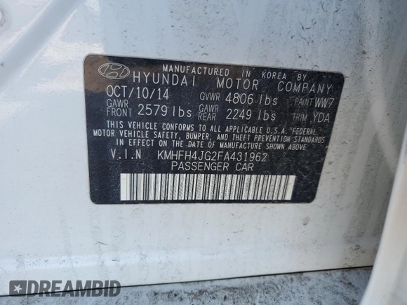 2015 Hyundai Azera Limited z VIN KMHFH4JG2FA431962, wystawiony jako Copart lot #46004945 z przebiegiem 174 041 mil mil oraz Szkoda całkowita • Salvage title. Historia ofert i sprzedaży dostępna na DreamBid. Obrazek 14.