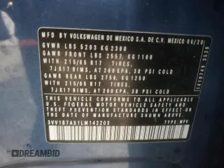 2020 Volkswagen Tiguan S с VIN 3VV1B7AX1LM142203, выставлен на аукционе Copart как лот 58176815 с пробегом 159 380 миль миль и Чистый • Clean title. История ставок и продаж доступна на DreamBid. Изображение 13.