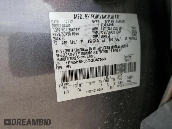 2013 Ford Explorer Limited z VIN 1FM5K8F86DGB87569, wystawiony jako Copart lot #54935715 z przebiegiem 159 152 mil mil oraz Szkoda całkowita • Salvage title. Historia ofert i sprzedaży dostępna na DreamBid. Obrazek 13.