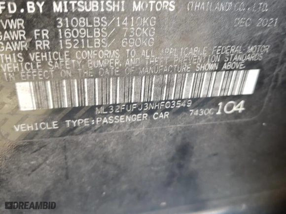 2022 Mitsubishi Mirage G4 ES with VIN ML32FUFJ3NHF03549, listed as a Copart auction lot 88162595 with 154,714 mi miles and Salvage Title. Bid and sale history available at carsss.com. Image 12.
