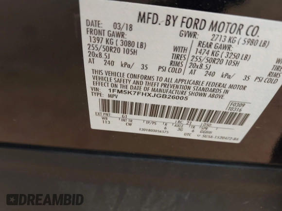 2018 Ford Explorer Limited с VIN 1FM5K7FHXJGB26005, выставлен на аукционе IAAI как лот 42303369 с пробегом 73 054 миль миль и . История ставок и продаж доступна на DreamBid. Изображение 9.