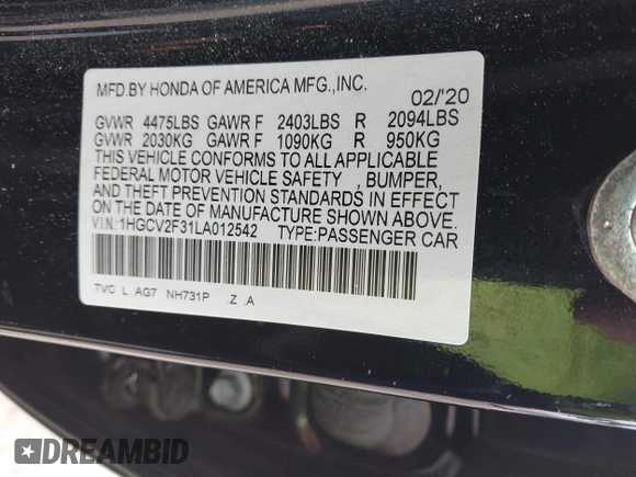 2020 Honda Accord Sport with VIN 1HGCV2F31LA012542, listed as a IAAI auction lot 42200065 with 107,711 mi miles and . Bid and sale history available at DreamBid. Image 9.