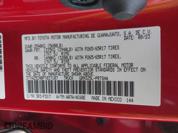2023 Toyota Tacoma SR5 z VIN 3TYAZ5CN0PT037107, wystawiony jako IAAI lot #41717348 z przebiegiem 31 093 mil mil oraz . Historia ofert i sprzedaży dostępna na DreamBid. Obrazek 9.