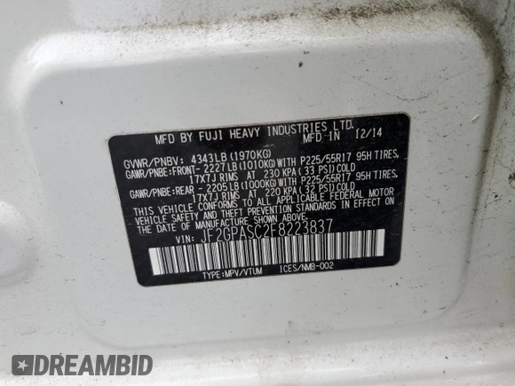 2015 Subaru Crosstrek Limited with VIN JF2GPASC2F8223837, listed as a Copart auction lot 58620915 with 226,141 mi miles and Clean title. Bid and sale history available at DreamBid. Image 13.