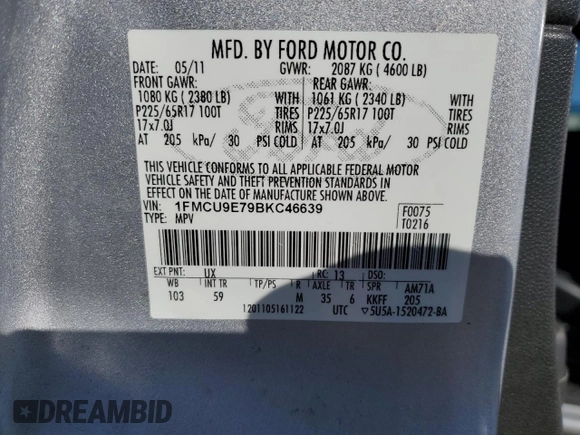 2011 Ford Escape Limited with VIN 1FMCU9E79BKC46639, listed as a Copart auction lot 51257655 with 152,748 mi miles and Salvage Title. Bid and sale history available at DreamBid. Image 15.