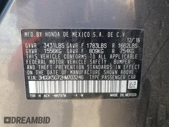 2017 Honda Fit EX with VIN 3HGGK5G72HM703246, listed as a Copart auction lot 59188525 with 75,207 mi miles and Salvage title. Bid and sale history available at DreamBid. Image 12.