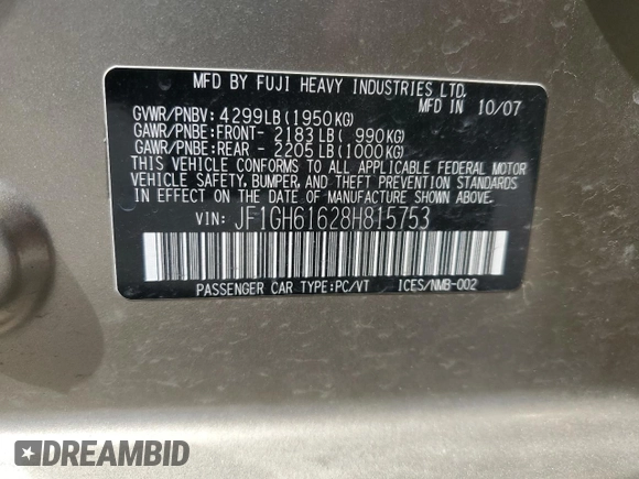 2008 Subaru Impreza i с VIN JF1GH61628H815753, выставлен на аукционе Copart как лот 49635145 с пробегом 145 326 миль миль и Списание • Salvage title. История ставок и продаж доступна на DreamBid. Изображение 13.