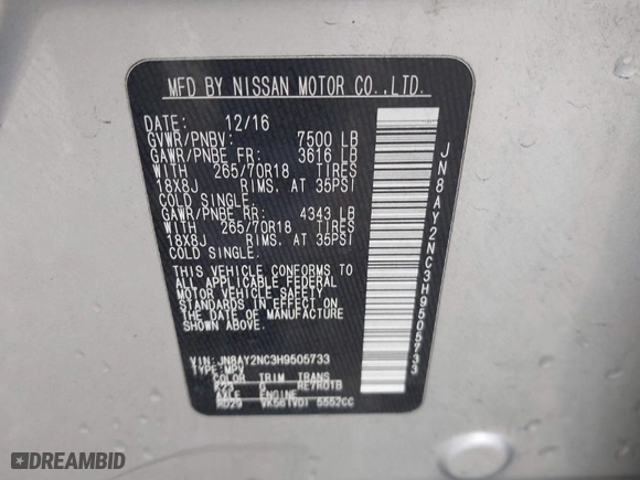 2017 Nissan Armada SV with VIN JN8AY2NC3H9505733, listed as a IAAI auction lot 41718132 with 148,084 mi miles. Bid and sale history available at carsss.com. Image 9.