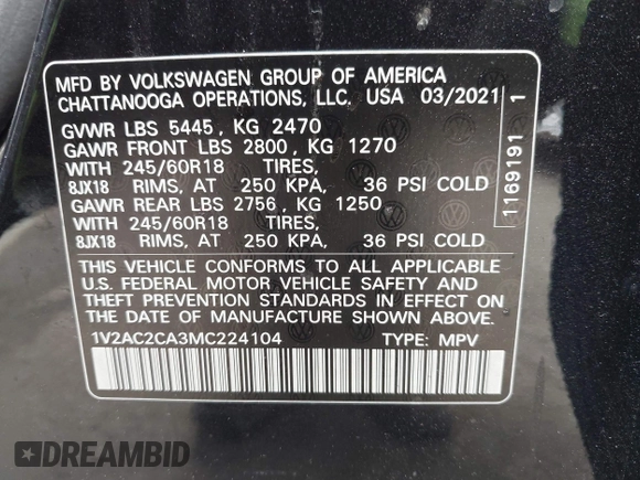 2021 Volkswagen Atlas S with VIN 1V2AC2CA3MC224104, listed as a IAAI auction lot 42500452 with 54,766 mi miles and . Bid and sale history available at DreamBid. Image 9.