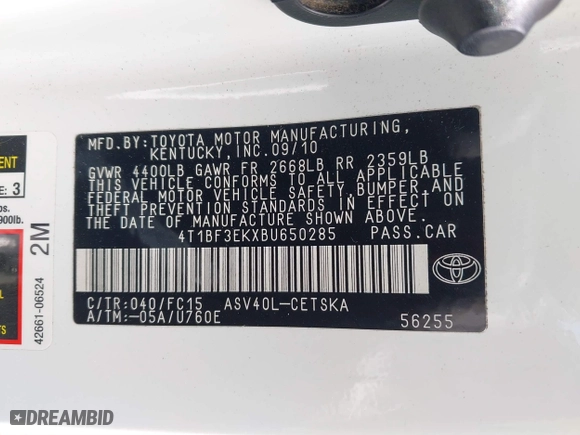 2011 Toyota Camry LE with VIN 4T1BF3EKXBU650285, listed as a IAAI auction lot 41751647 with 258,700 mi miles. Bid and sale history available at carsss.com. Image 9.