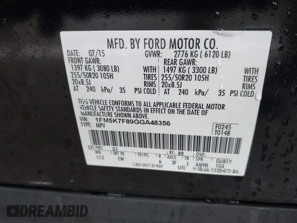2016 Ford Explorer Limited with VIN 1FM5K7F89GGA48356, listed as a IAAI auction lot 41475364 with 265,086 mi miles and . Bid and sale history available at DreamBid. Image 9.