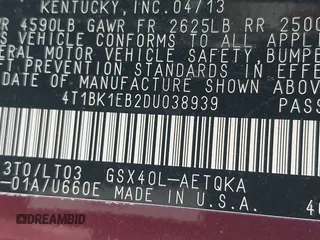 2013 Toyota Avalon XLE with VIN 4T1BK1EB2DU038939, listed as a IAAI auction lot 41983523 with 126,195 mi miles and . Bid and sale history available at DreamBid. Image 9.