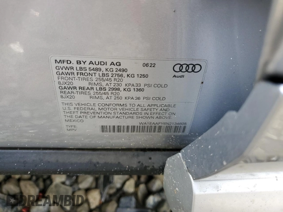2022 Audi Q5 S line Premium Plus with VIN WA1EAAFY6N2134605, listed as a Copart auction lot 59351045 with 30,479 mi miles and Salvage title. Bid and sale history available at DreamBid. Image 13.