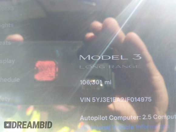 2018 Tesla Model 3 Long Range Battery with VIN 5YJ3E1EA2JF014975, listed as a IAAI auction lot 41319407 with 106,301 mi miles and . Bid and sale history available at DreamBid. Image 15.