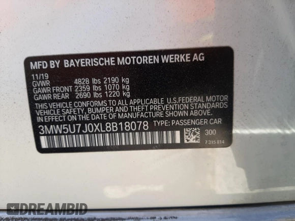 2020 BMW 3 Series M340i with VIN 3MW5U7J0XL8B18078, listed as a Copart auction lot 62794992 with Not Provided miles and . Bid and sale history available at DreamBid. Image 10.
