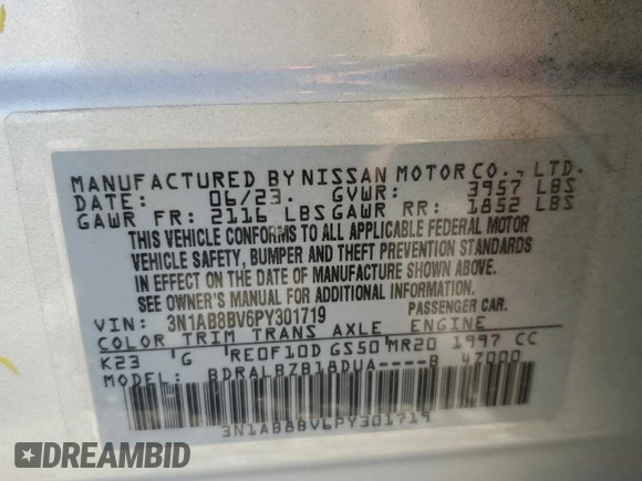 2023 Nissan Sentra S with VIN 3N1AB8BV6PY301719, listed as a Copart auction lot 49162785 with 17,864 mi miles and Salvage Title. Bid and sale history available at DreamBid. Image 12.