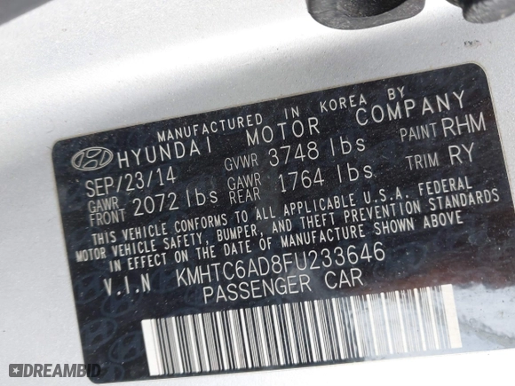 2015 Hyundai Veloster RE:FLEX with VIN KMHTC6AD8FU233646, listed as a IAAI auction lot 41719338 with 171,110 mi miles. Bid and sale history available at carsss.com. Image 9.